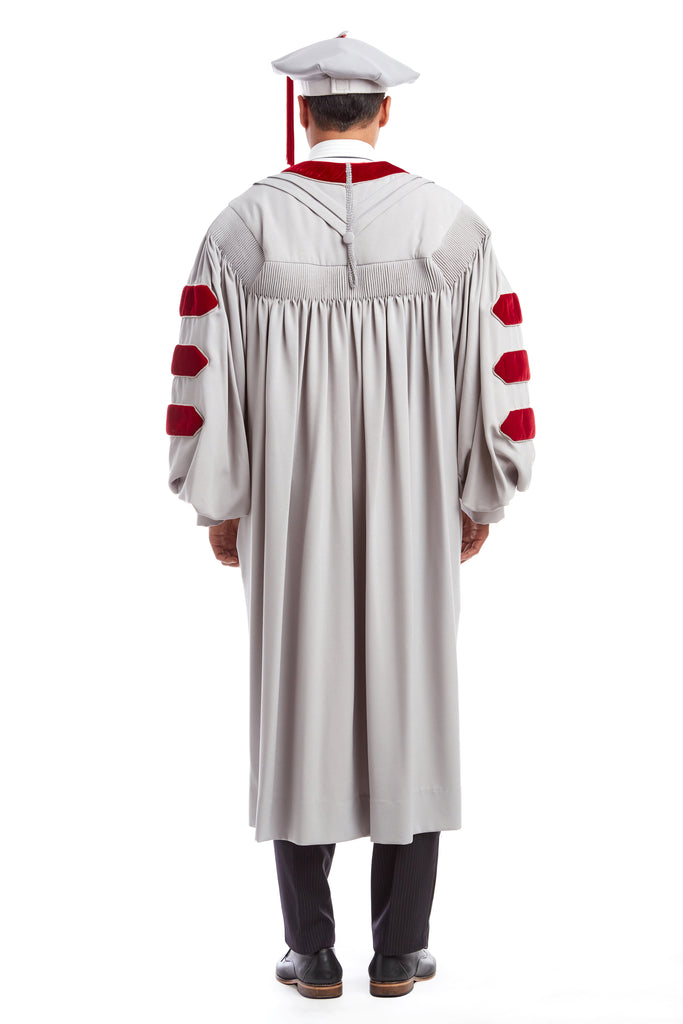 MIT Doctoral Regalia Set. Premium Grey and Cardinal Red Gown with Eight-Sided Cap/Tam including Red Tassel