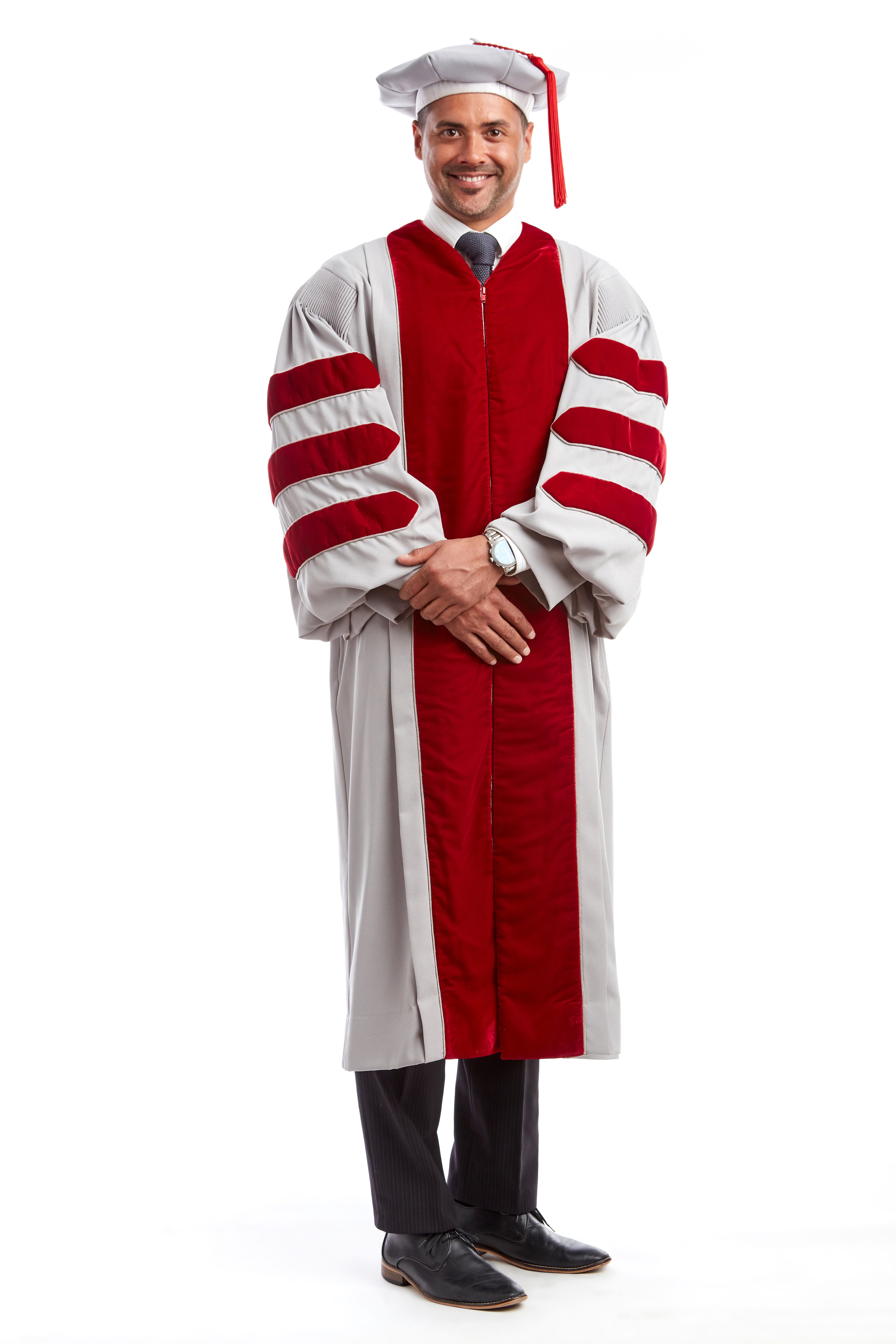 MIT Doctoral Regalia Set. Premium Grey and Cardinal Red Gown with Eight-Sided Cap/Tam including Red Tassel