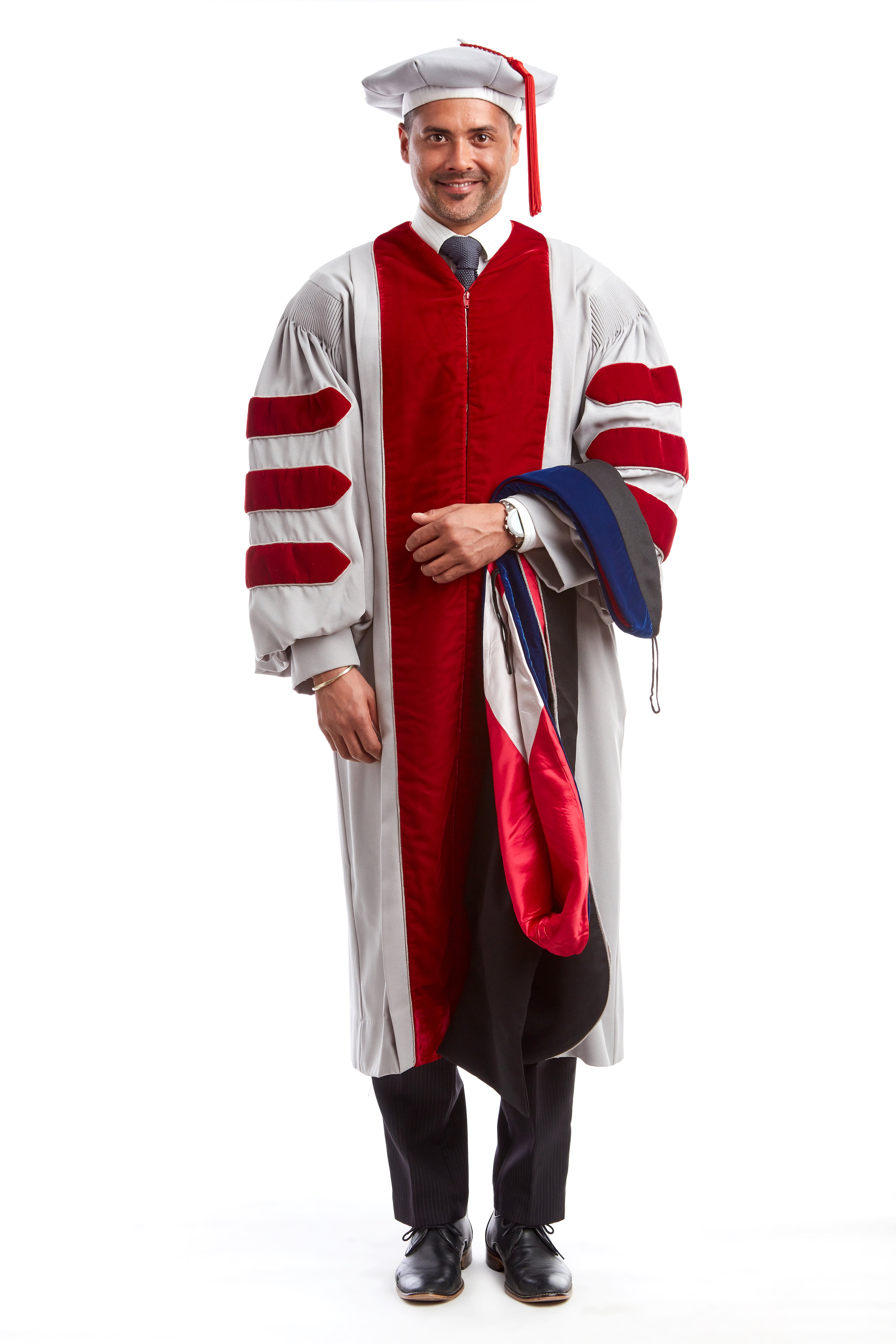 MIT Doctoral Regalia Set. Doctoral Grey and Cardinal Red Gown, PhD Hood, and Eight-Sided Cap/Tam including Red Tassel