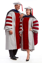 MIT Doctoral Regalia Set. Doctoral Grey and Cardinal Red Gown, PhD Hood, and Eight-Sided Cap/Tam including Red Tassel