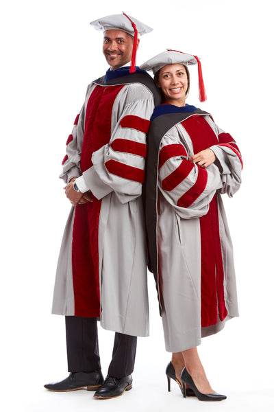 MIT Doctoral Regalia Set. Doctoral Grey and Cardinal Red Gown, PhD Hood, and Eight-Sided Cap/Tam including Red Tassel