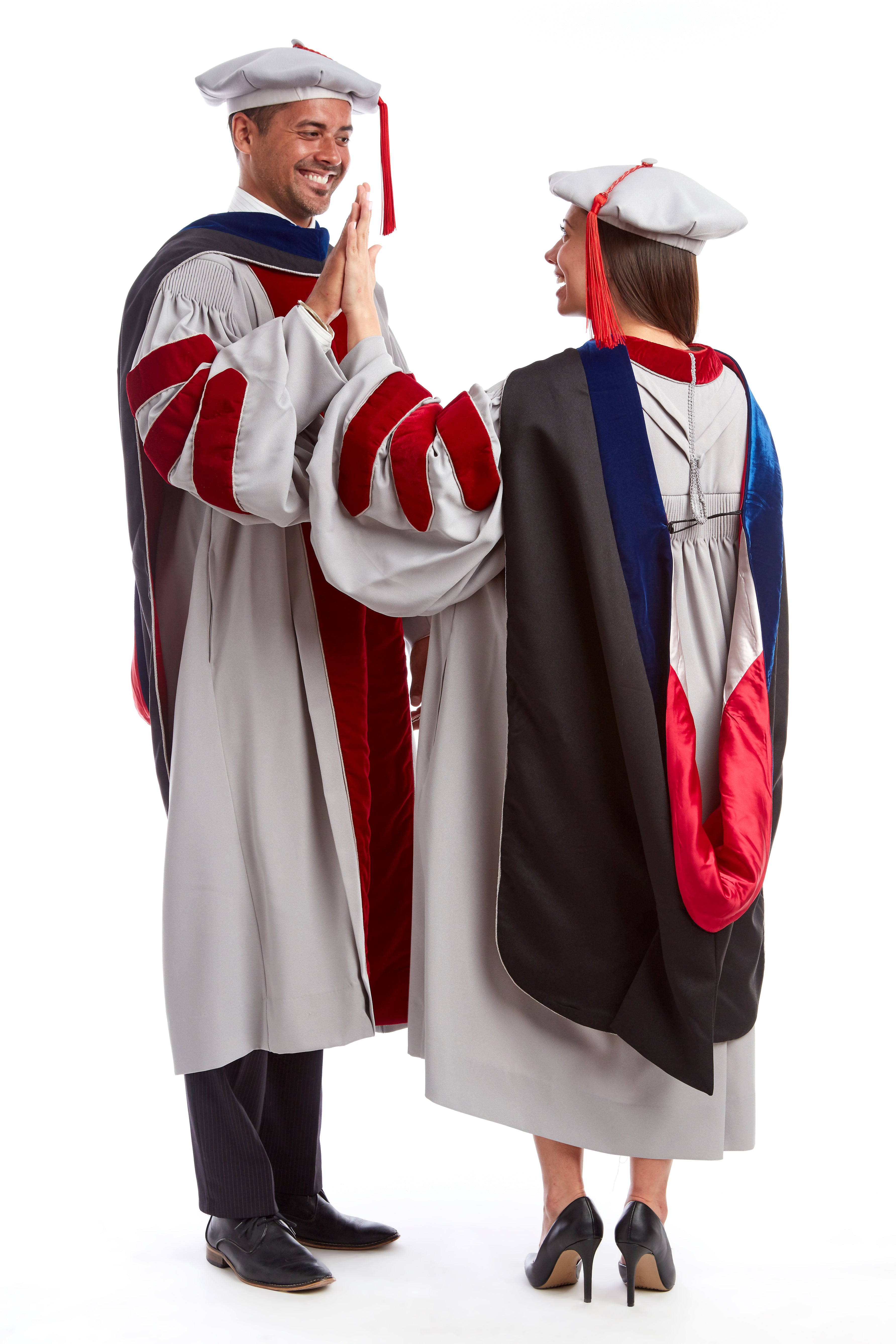MIT Doctoral Regalia Set. Doctoral Grey and Cardinal Red Gown, PhD Hood, and Eight-Sided Cap/Tam including Red Tassel