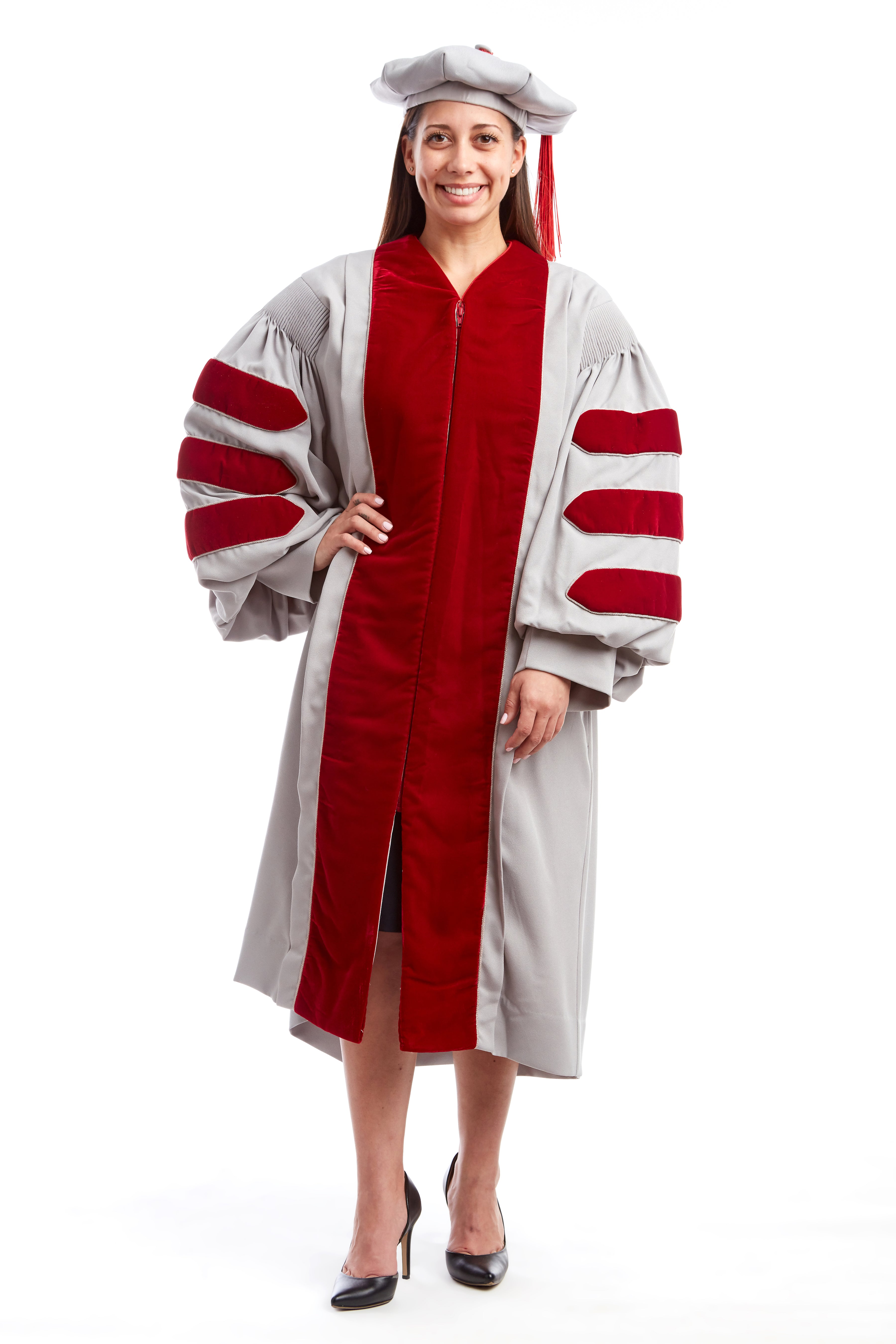MIT Doctoral Rental Regalia Set. Premium Grey and Cardinal Red Gown with Eight-Sided Cap/Tam including Red Tassel