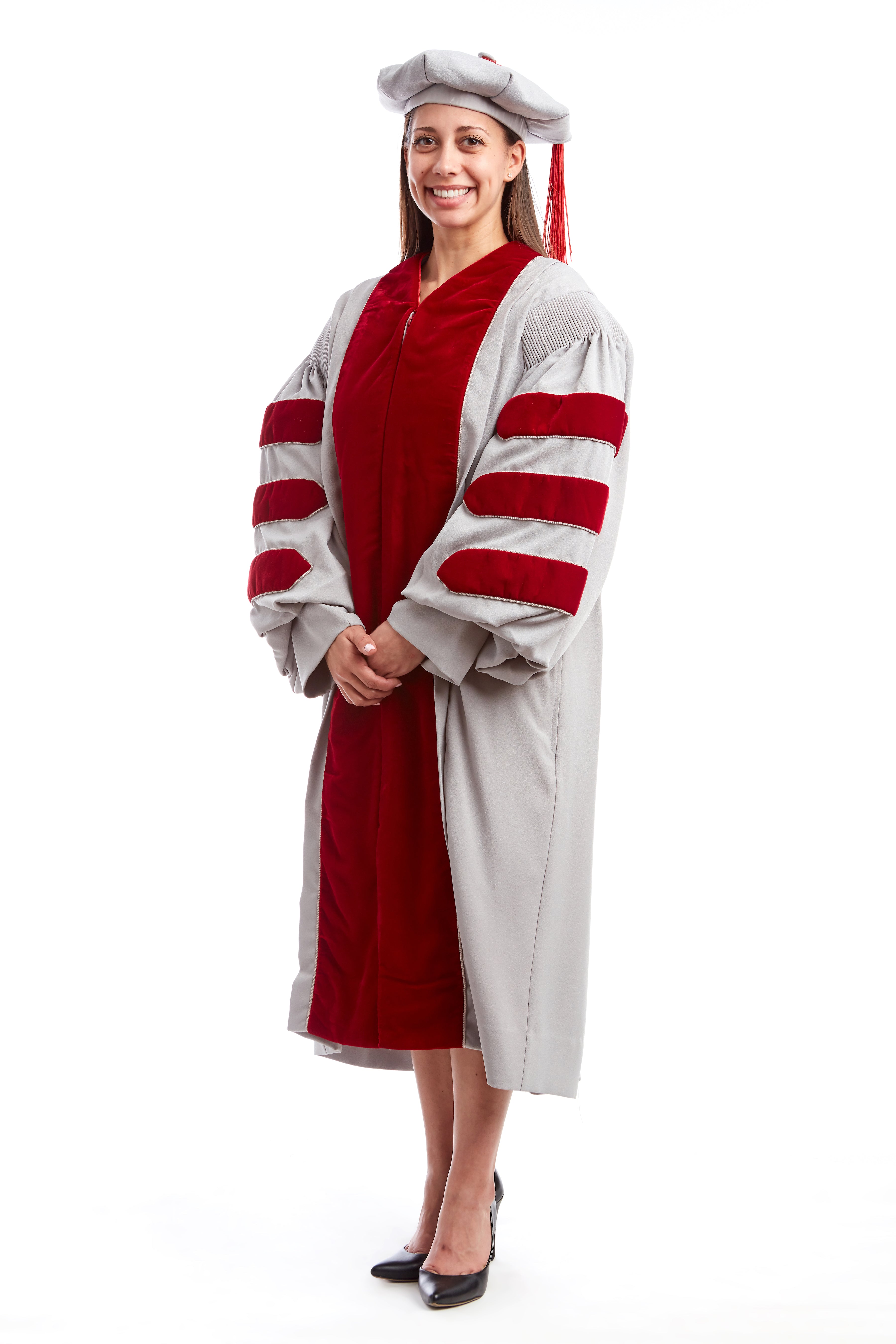 MIT Doctoral Rental Regalia Set. Premium Grey and Cardinal Red Gown with Eight-Sided Cap/Tam including Red Tassel