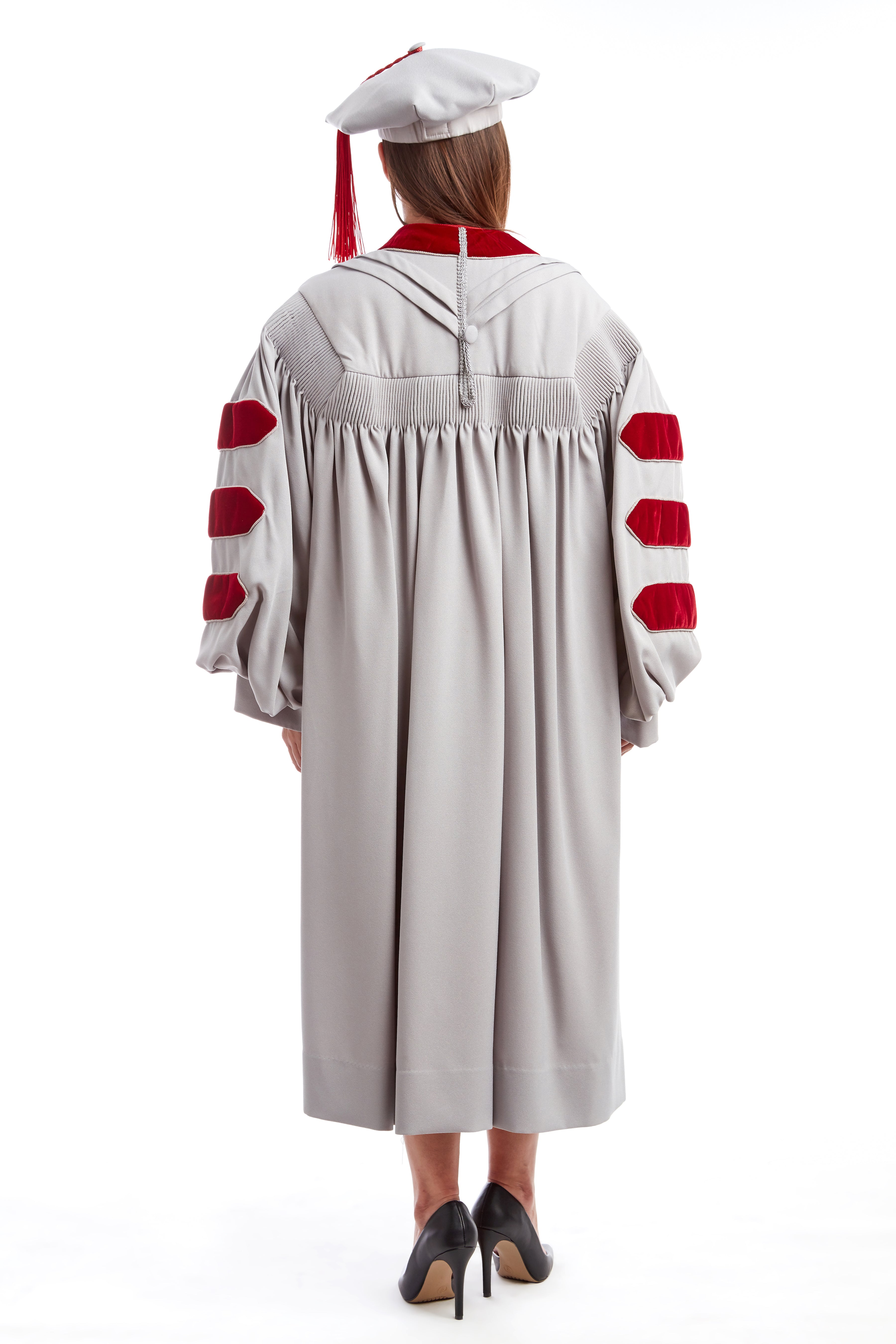 MIT Doctoral Rental Regalia Set. Premium Grey and Cardinal Red Gown with Eight-Sided Cap/Tam including Red Tassel