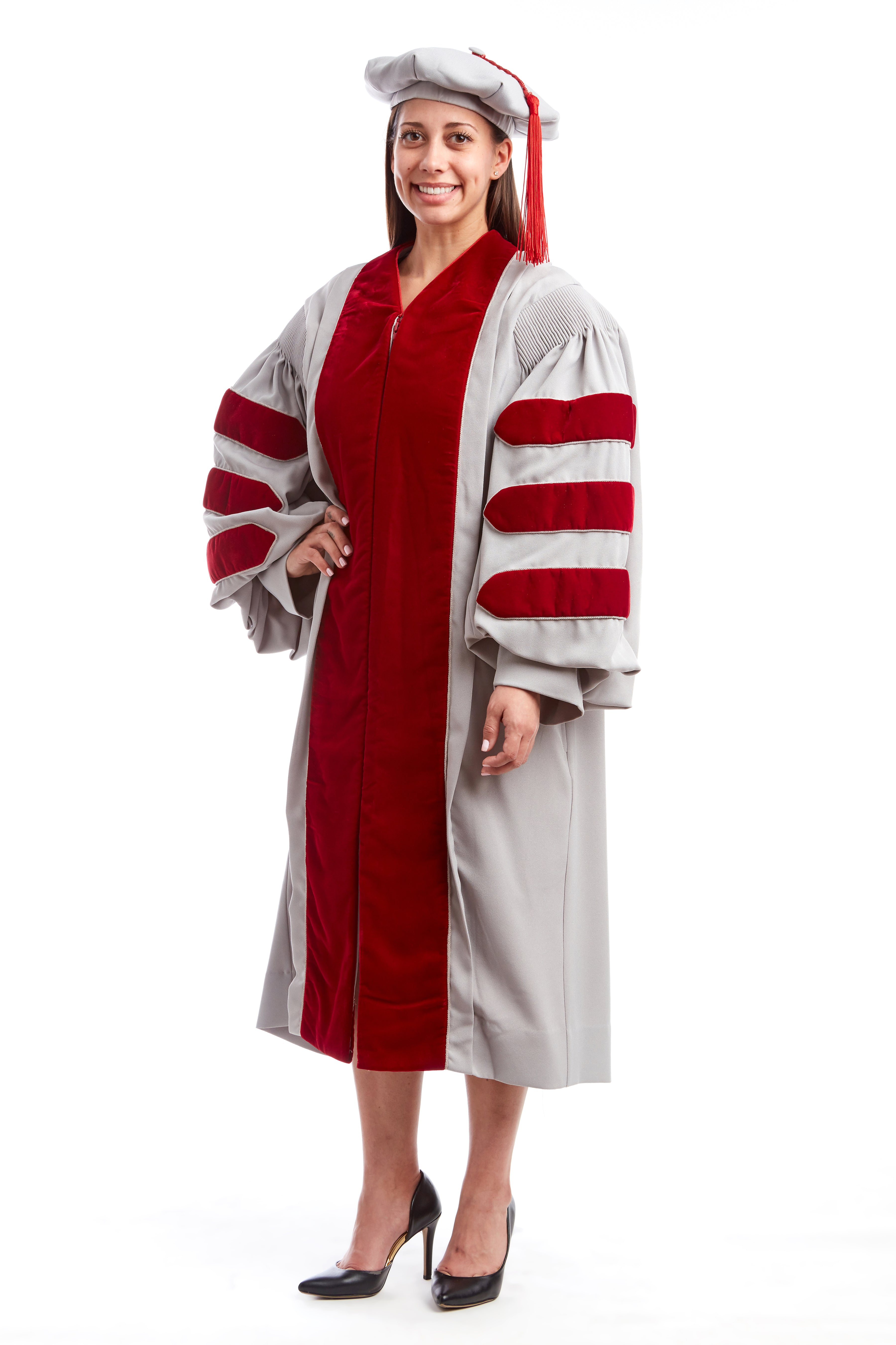 MIT Doctoral Rental Regalia Set. Premium Grey and Cardinal Red Gown with Eight-Sided Cap/Tam including Red Tassel