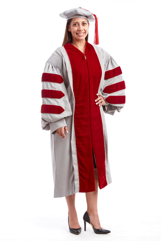 MIT Doctoral Rental Regalia Set. Premium Grey and Cardinal Red Gown with Eight-Sided Cap/Tam including Red Tassel