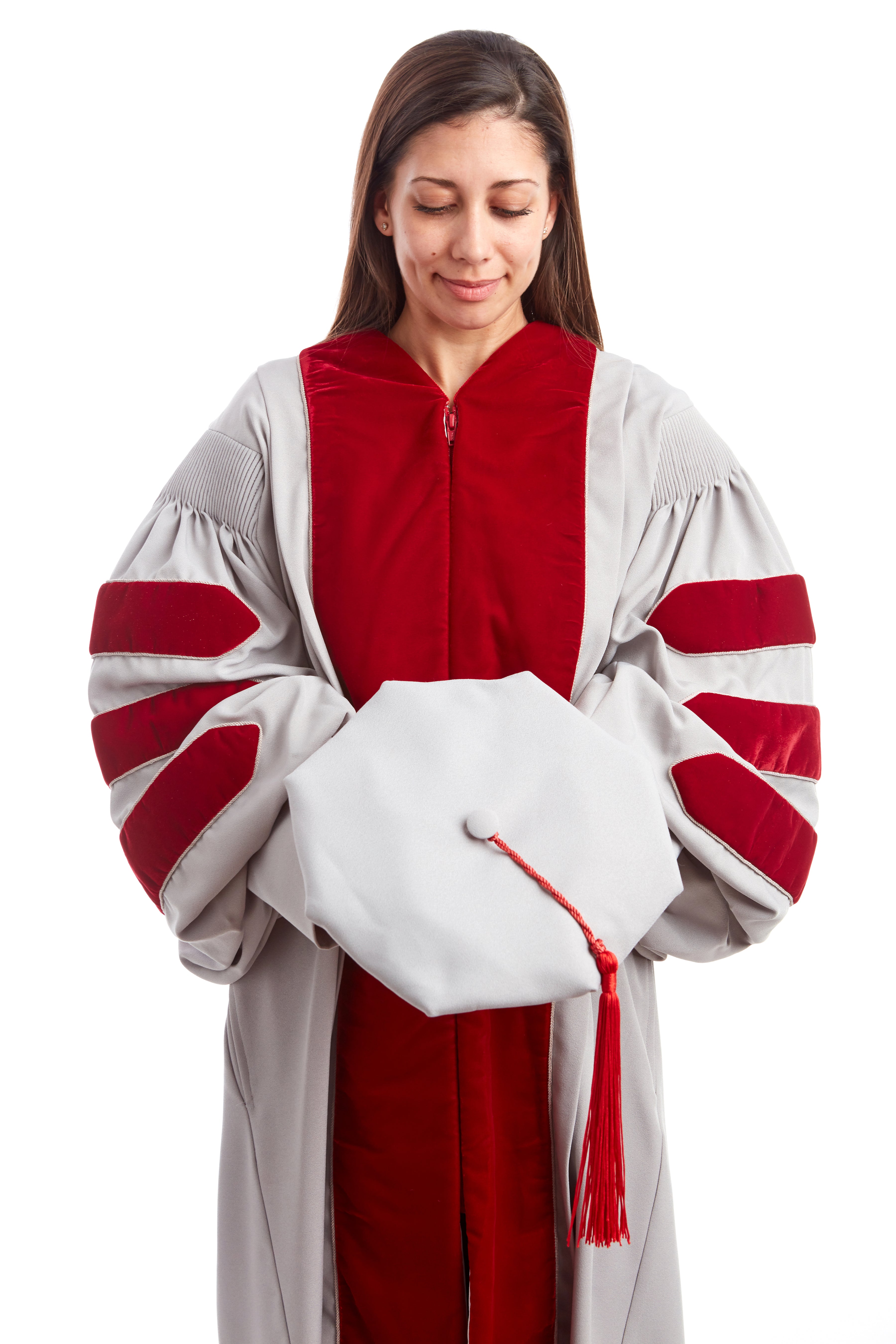 MIT Doctoral Rental Regalia Set. Premium Grey and Cardinal Red Gown with Eight-Sided Cap/Tam including Red Tassel