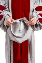 MIT Doctoral Rental Regalia Set. Premium Grey and Cardinal Red Gown with Eight-Sided Cap/Tam including Red Tassel
