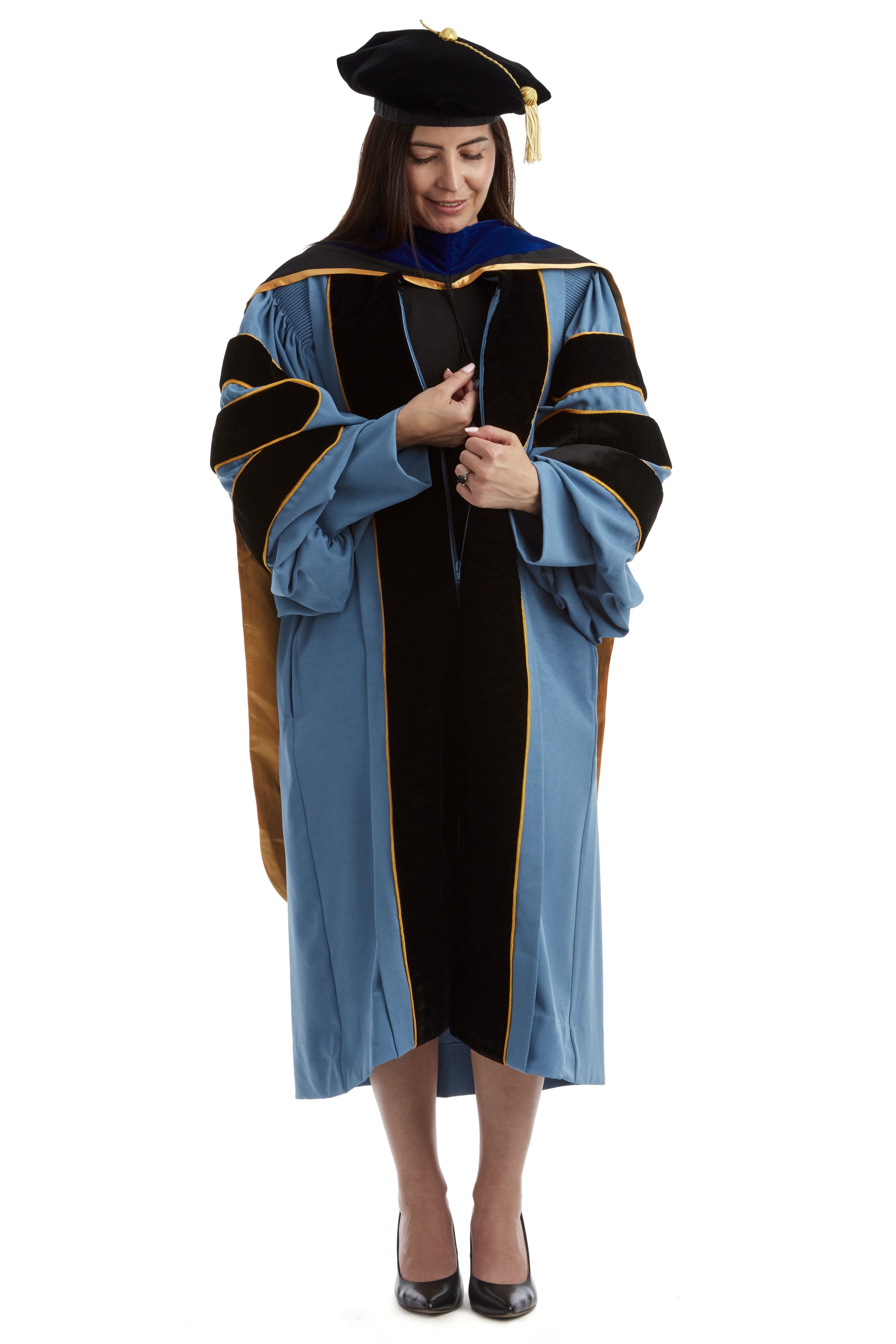 University of Michigan PhD Regalia Set. Doctoral Gown, Hood, and Eight Sided Doctoral Tam with Tassel