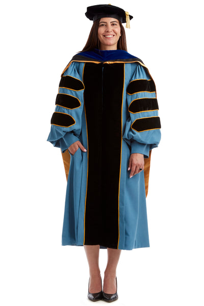 University of Michigan PhD Regalia Set. Doctoral Gown, Hood, and Eight Sided Doctoral Tam with Tassel