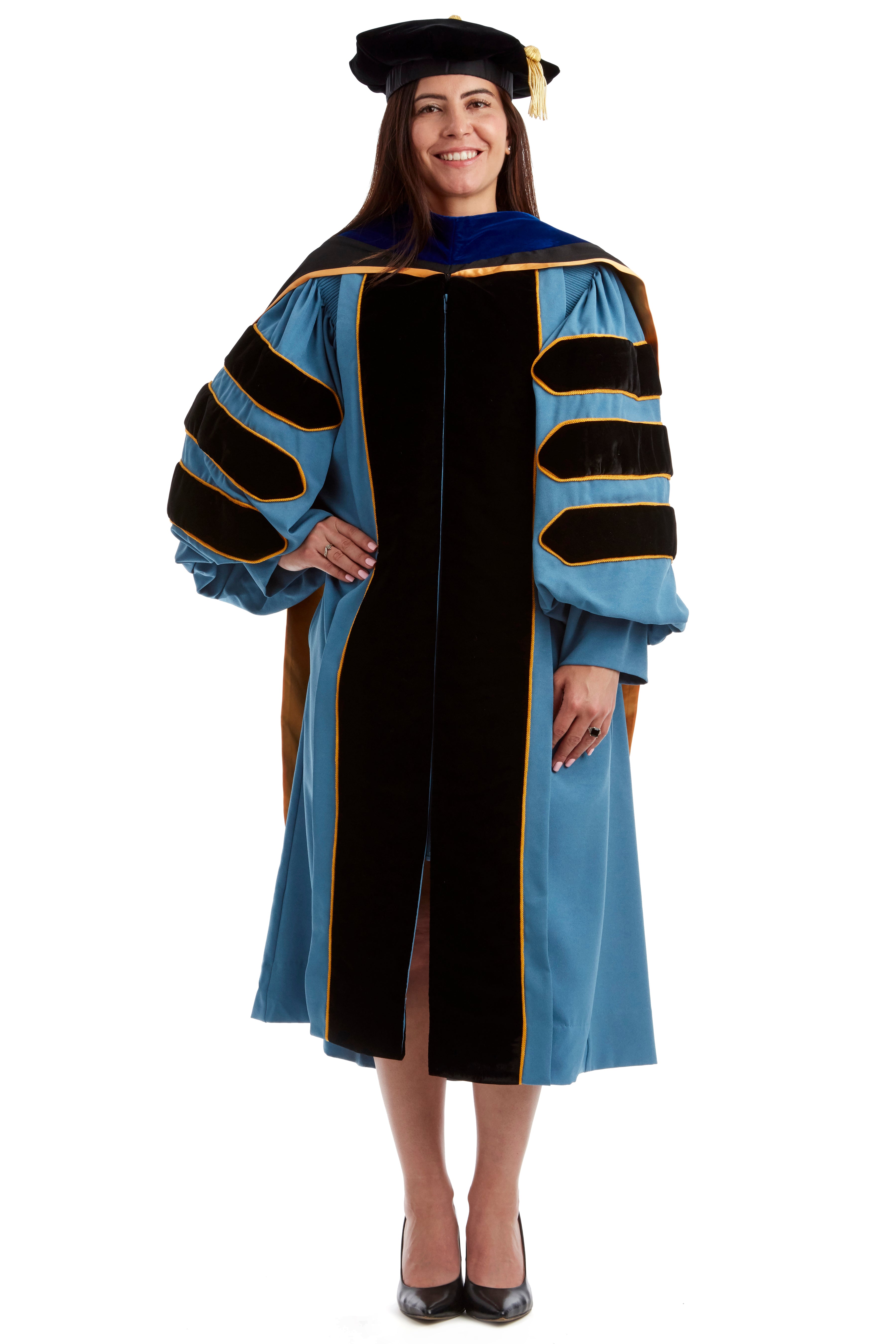 University of Michigan PhD Regalia Rental Set. Doctoral Gown, PhD Hood, and eight sided doctoral Tam with silk or gold bullion tassel