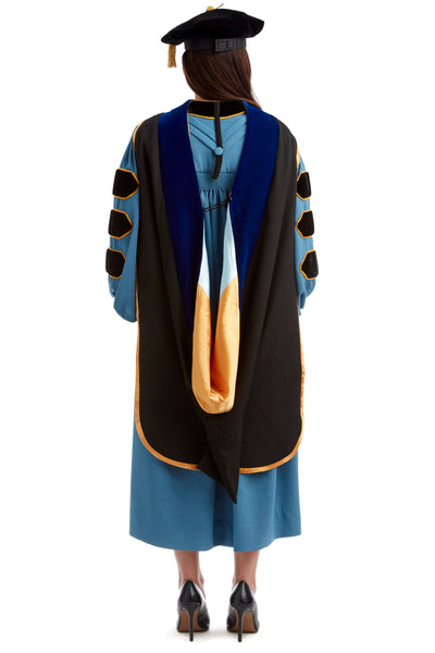 University of Michigan PhD Regalia Set. Doctoral Gown, Hood, and Eight Sided Doctoral Tam with Tassel