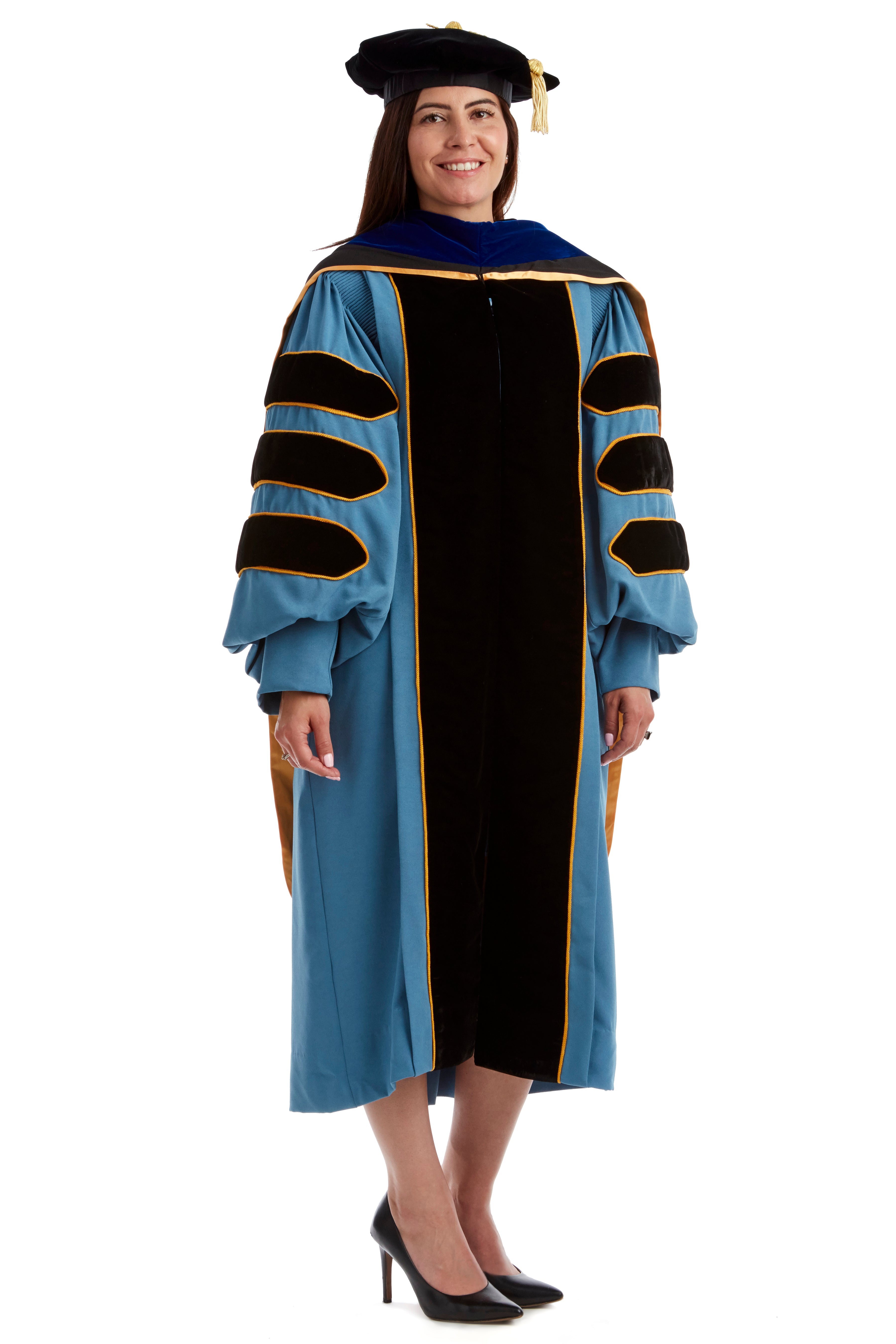 University of Michigan PhD Regalia Rental Set. Doctoral Gown, PhD Hood, and eight sided doctoral Tam with silk or gold bullion tassel