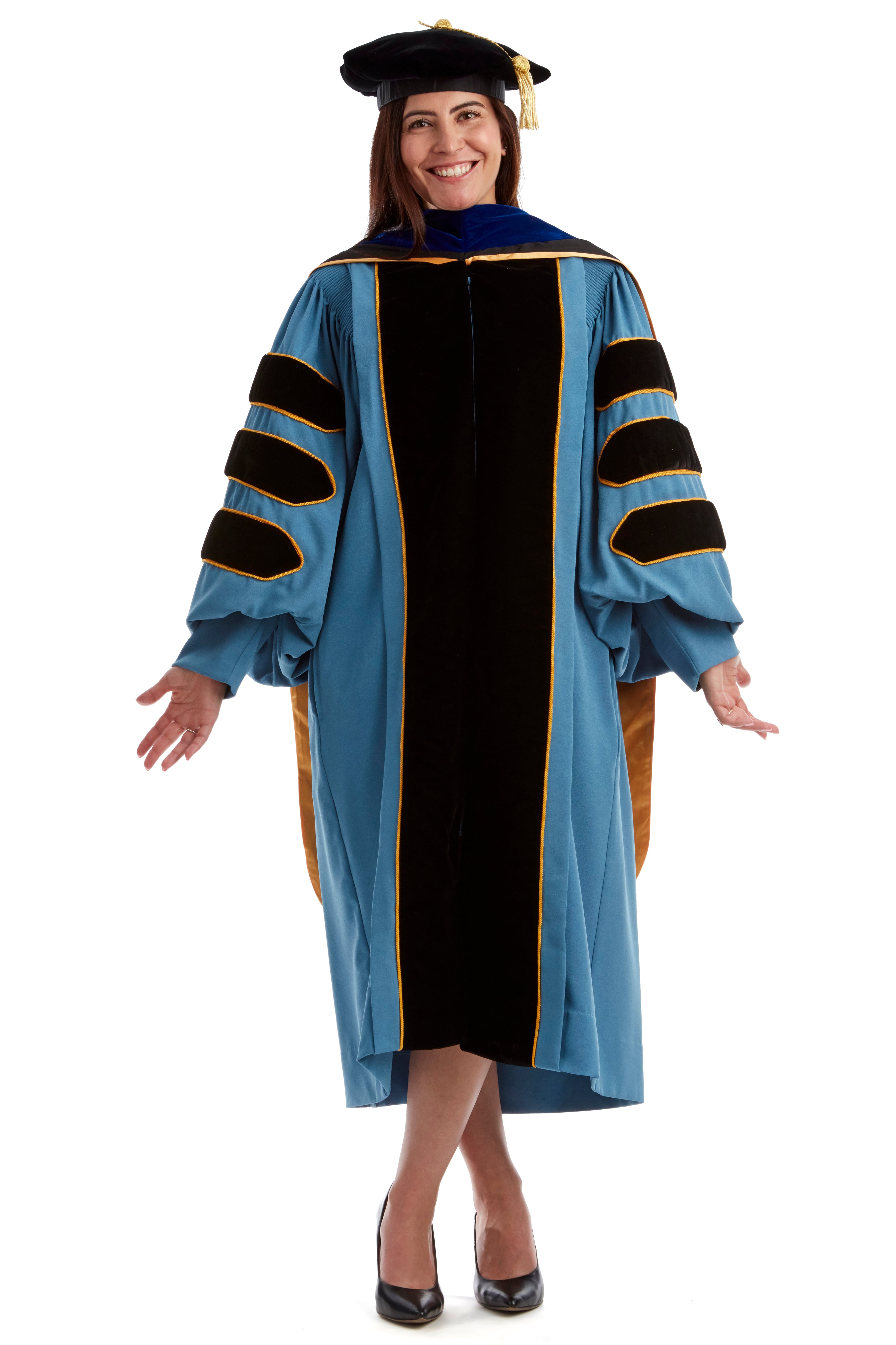 University of Michigan PhD Regalia Set. Doctoral Gown, Hood, and Eight Sided Doctoral Tam with Tassel