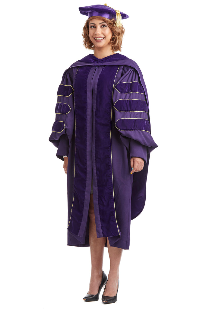 University of Washington PhD Regalia Rental Set. Doctoral Gown, Hood, and Eight Sided Doctoral Tam with Tassel