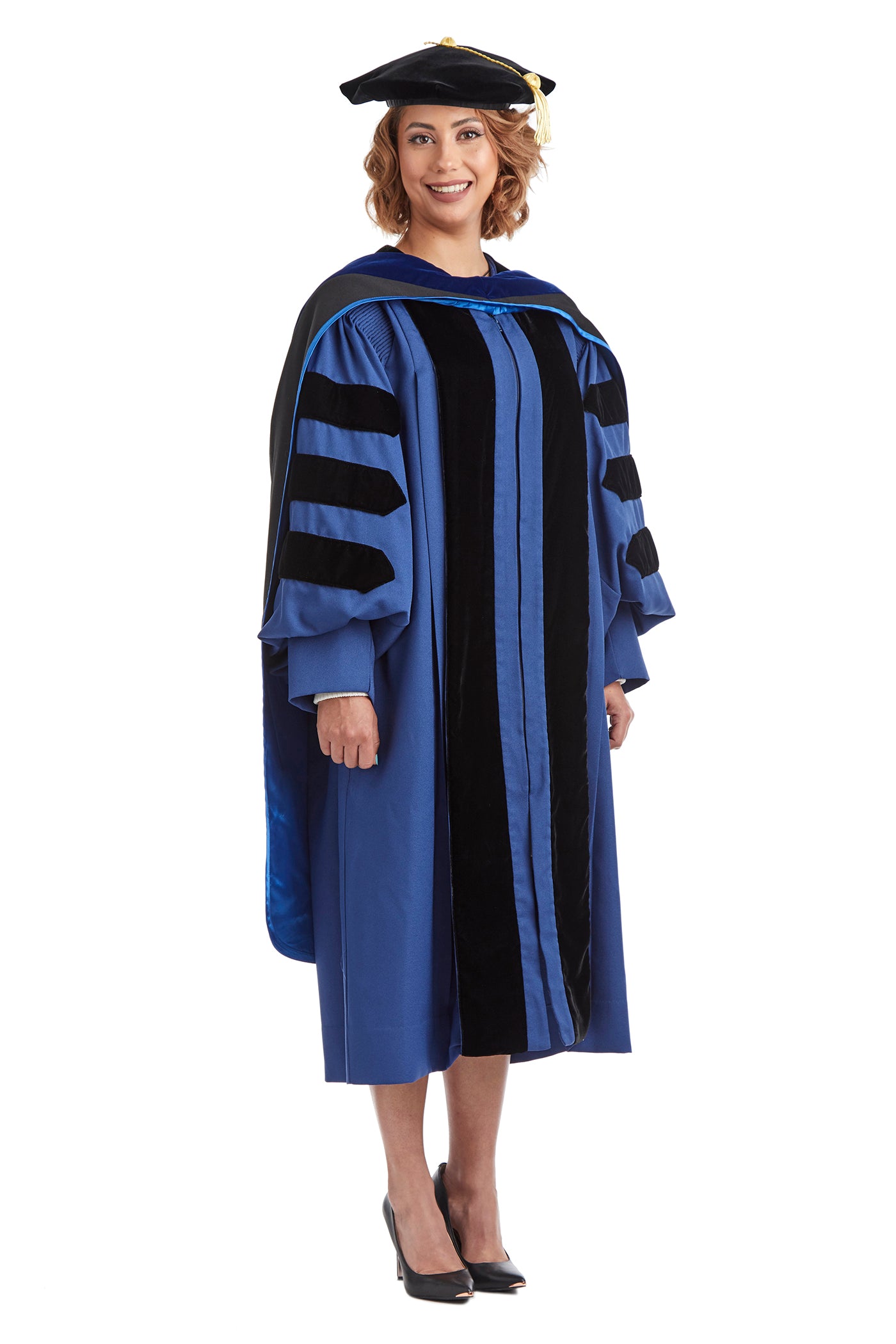 Yale University Doctoral Regalia Set. Doctoral Gown, PhD Hood, and Eight Sided Doctoral Tam with Tassel