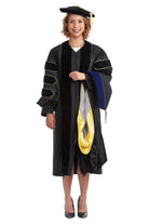 University of Colorado Boulder PhD Regalia Set. Doctoral Gown, Hood, and Eight Sided Doctoral Tam with Tassel