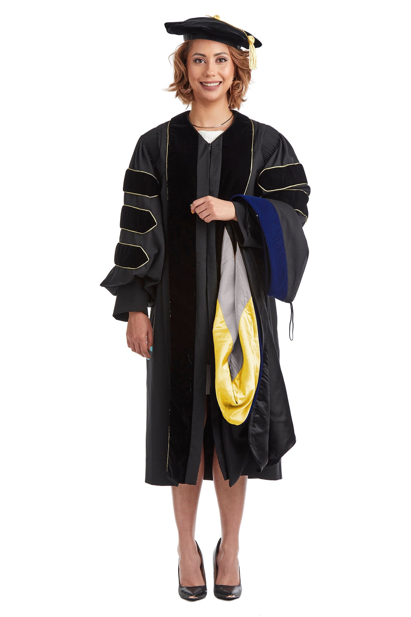 University of Colorado Boulder PhD Regalia Set. Doctoral Gown, Hood, and Eight Sided Doctoral Tam with Tassel