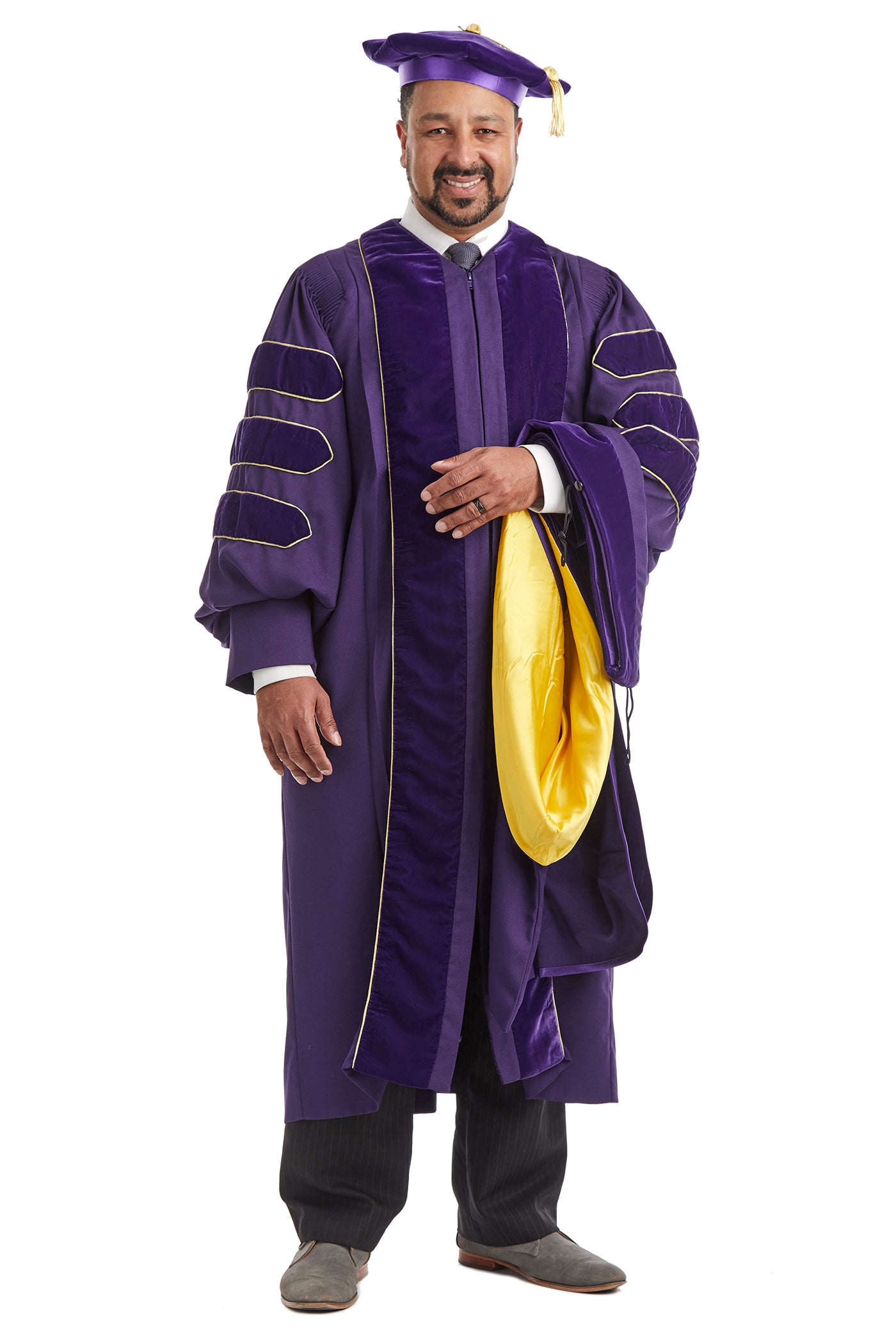 University of Washington PhD Regalia Set. Doctoral Gown, Hood, and Eight Sided Doctoral Tam with Tassel