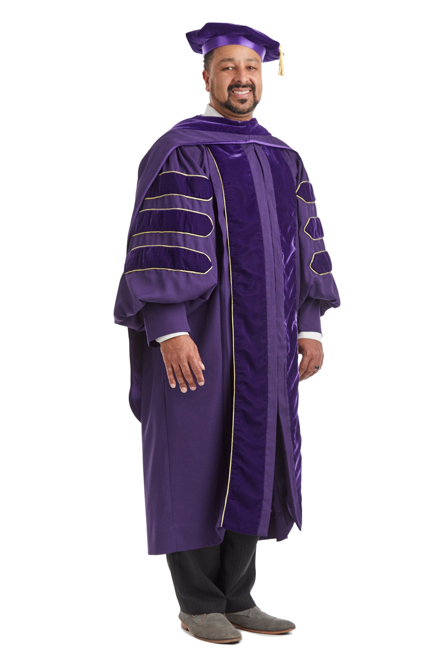 University of Washington PhD Regalia Set. Doctoral Gown, Hood, and Eight Sided Doctoral Tam with Tassel