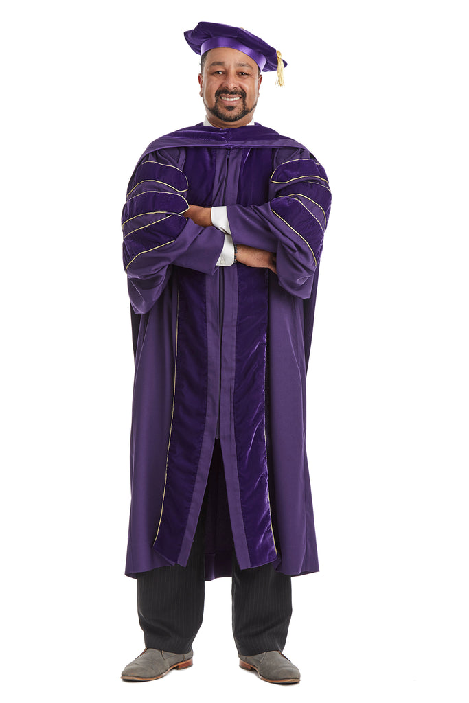 University of Washington PhD Regalia Set. Doctoral Gown, Hood, and Eight Sided Doctoral Tam with Tassel
