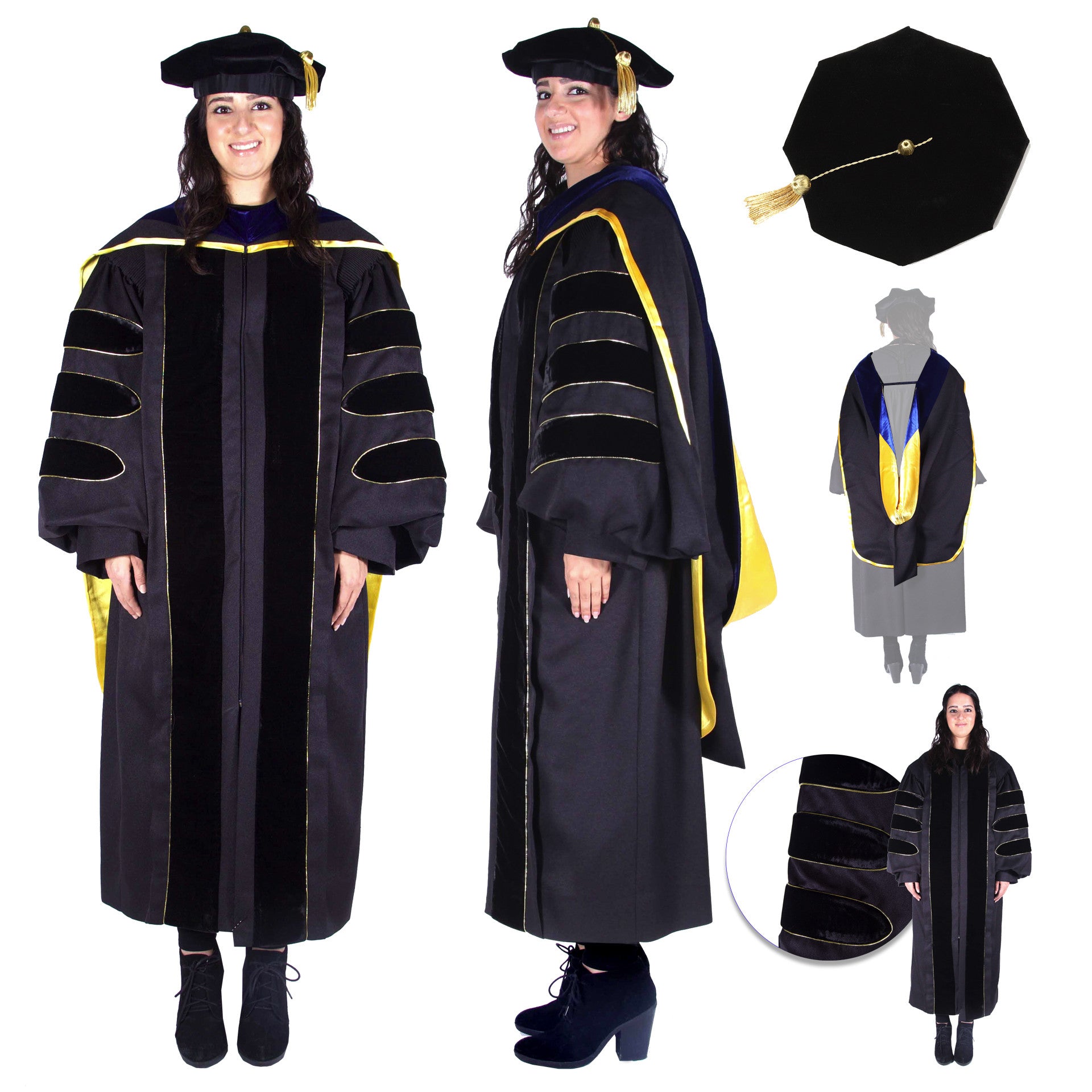 Premium Doctoral Gown, 8-sided Cap / Tam, & PhD Hood Regalia Set