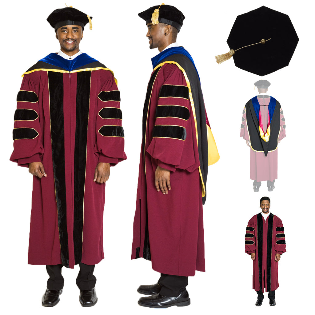 University of Minnesota Doctoral Regalia Set - Doctoral Gown, PhD Hood, and 8 sided Cap / Tam w Gold Tassel